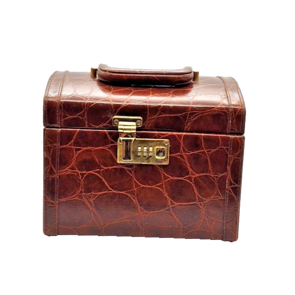 Vintage Dillard's Vanity Train Case Alligator Embossed Leather Brown Makeup Box